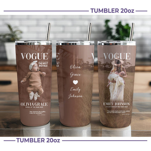 Custom Vogue Magazine Style Tumbler – Personalized Baby & Mom Fashion Cover Gift